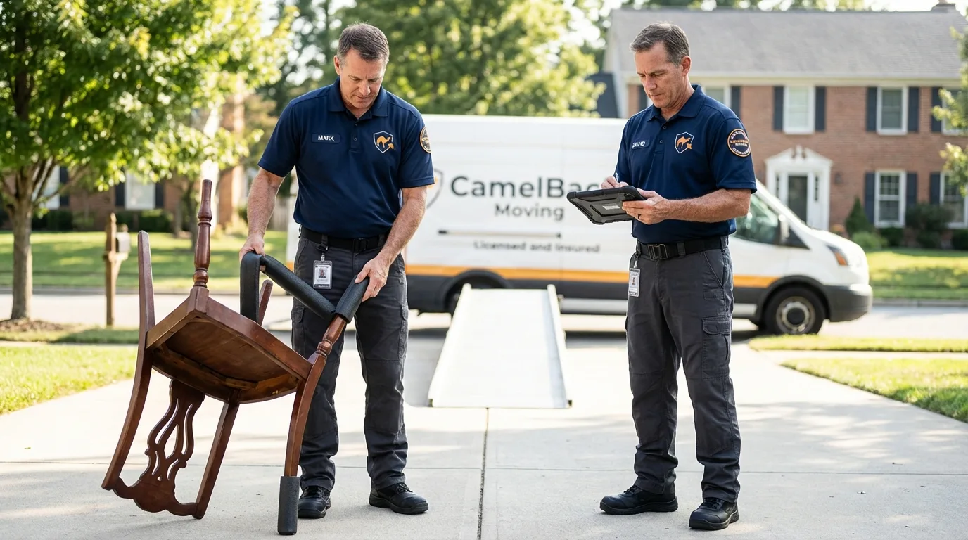 Movers inspecting furniture for damage prevention before loading in Wellington, FL