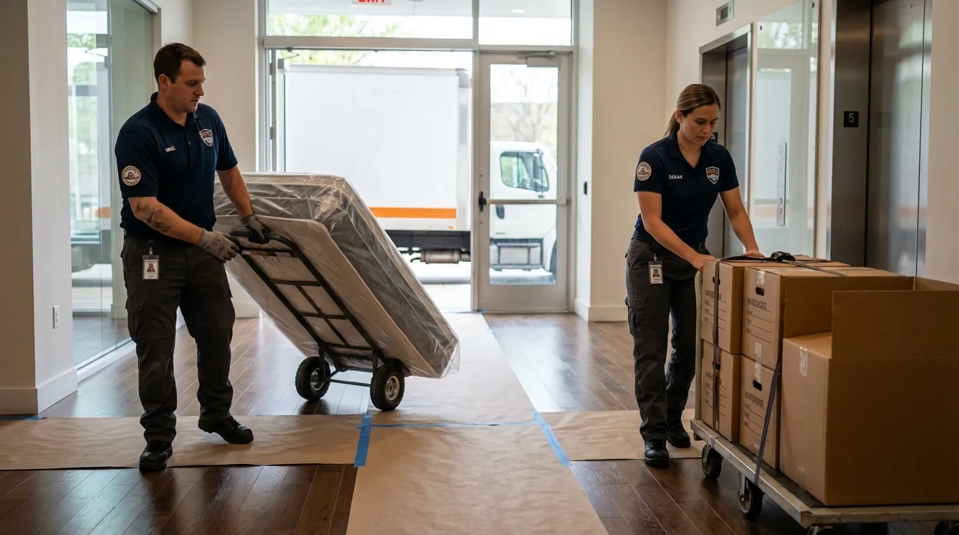 Professional apartment movers loading elevator in Wellington, FL